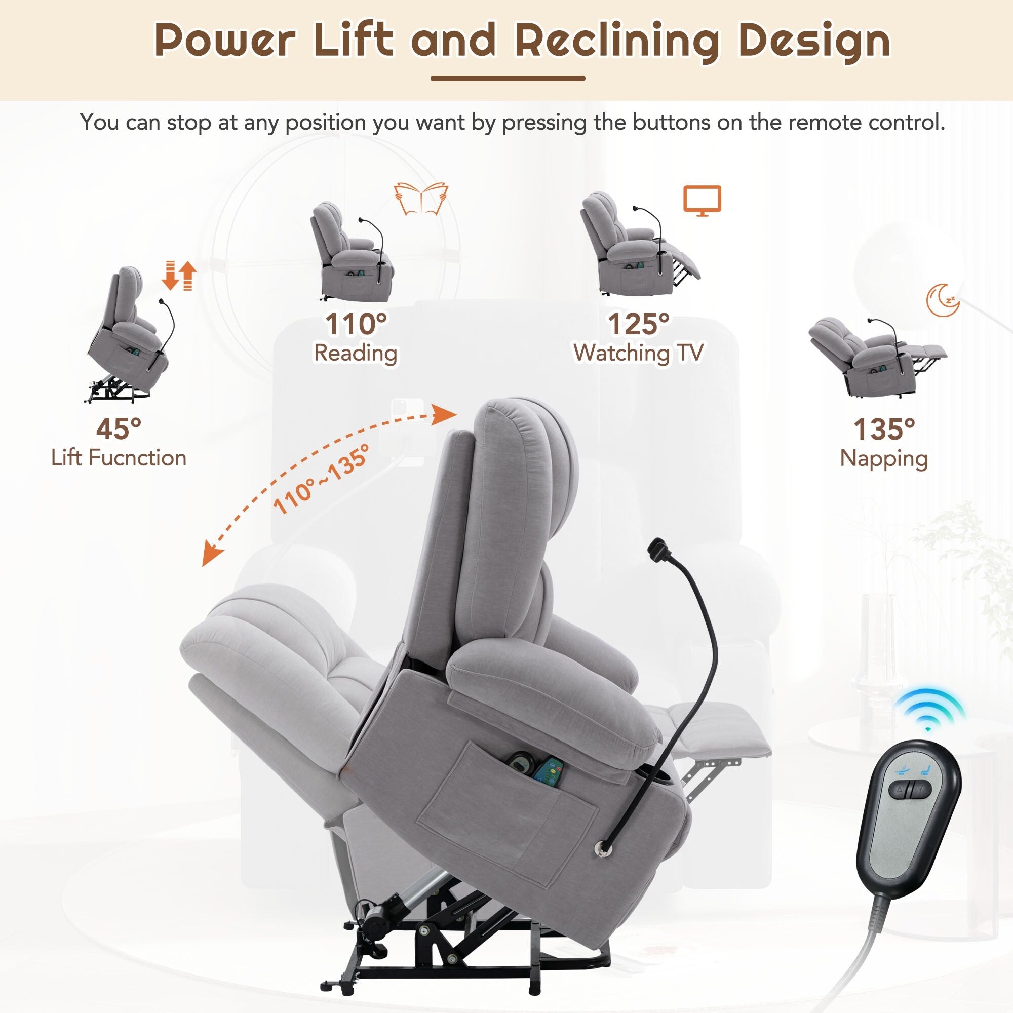 Fauteuil inclinable électrique avec massage, chauffage, porte-gobelets et support de téléphone pivotant à 360° avec inclinaison réglable