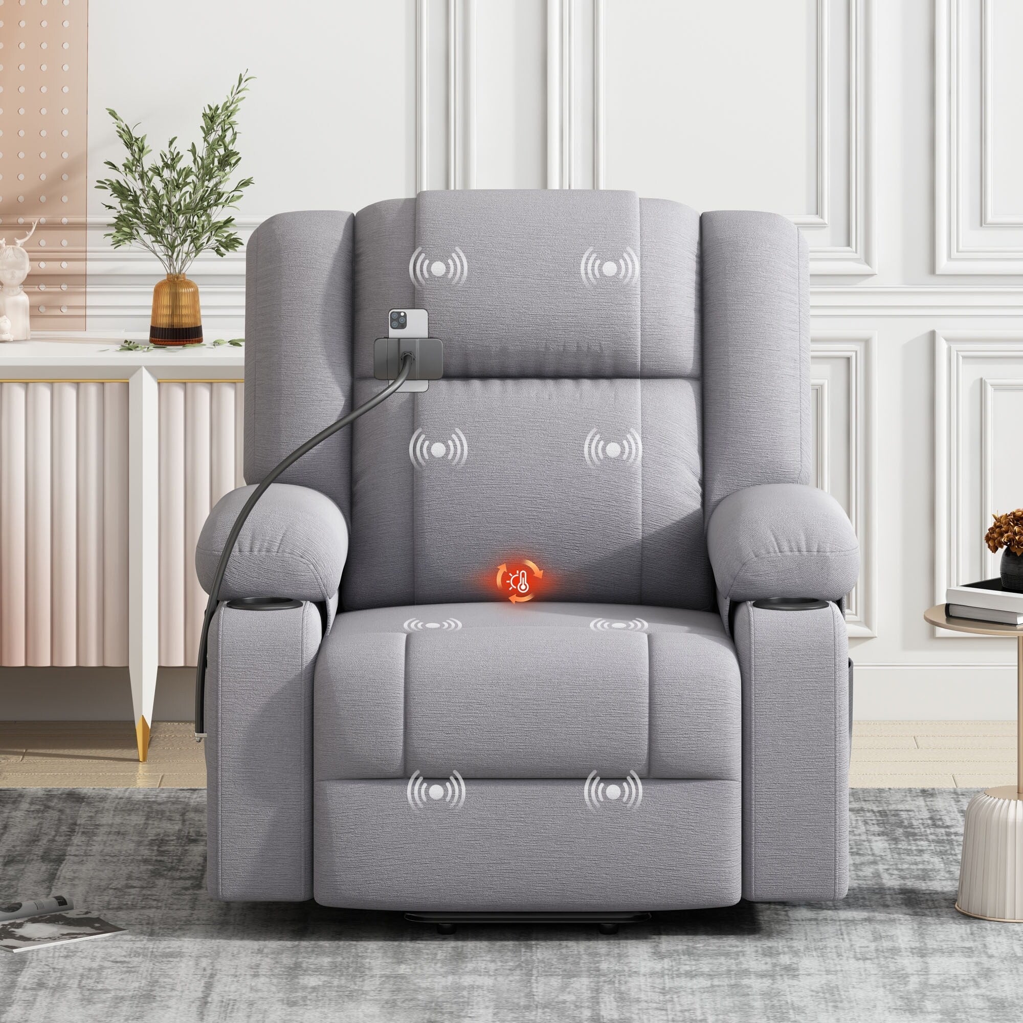 Fauteuil inclinable électrique avec massage, chauffage, porte-gobelets et support de téléphone pivotant à 360° avec inclinaison réglable
