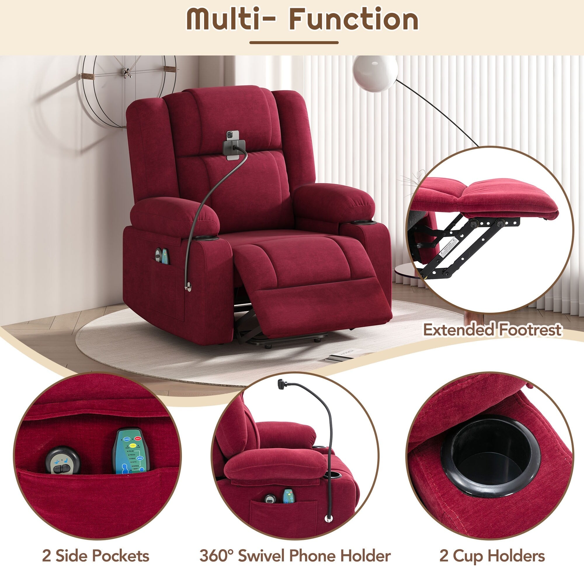 Fauteuil inclinable électrique avec massage, chauffage, porte-gobelets et support de téléphone pivotant à 360° avec inclinaison réglable