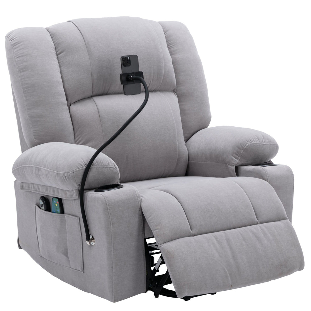 Fauteuil inclinable électrique avec massage, chauffage, porte-gobelets et support de téléphone pivotant à 360° avec inclinaison réglable
