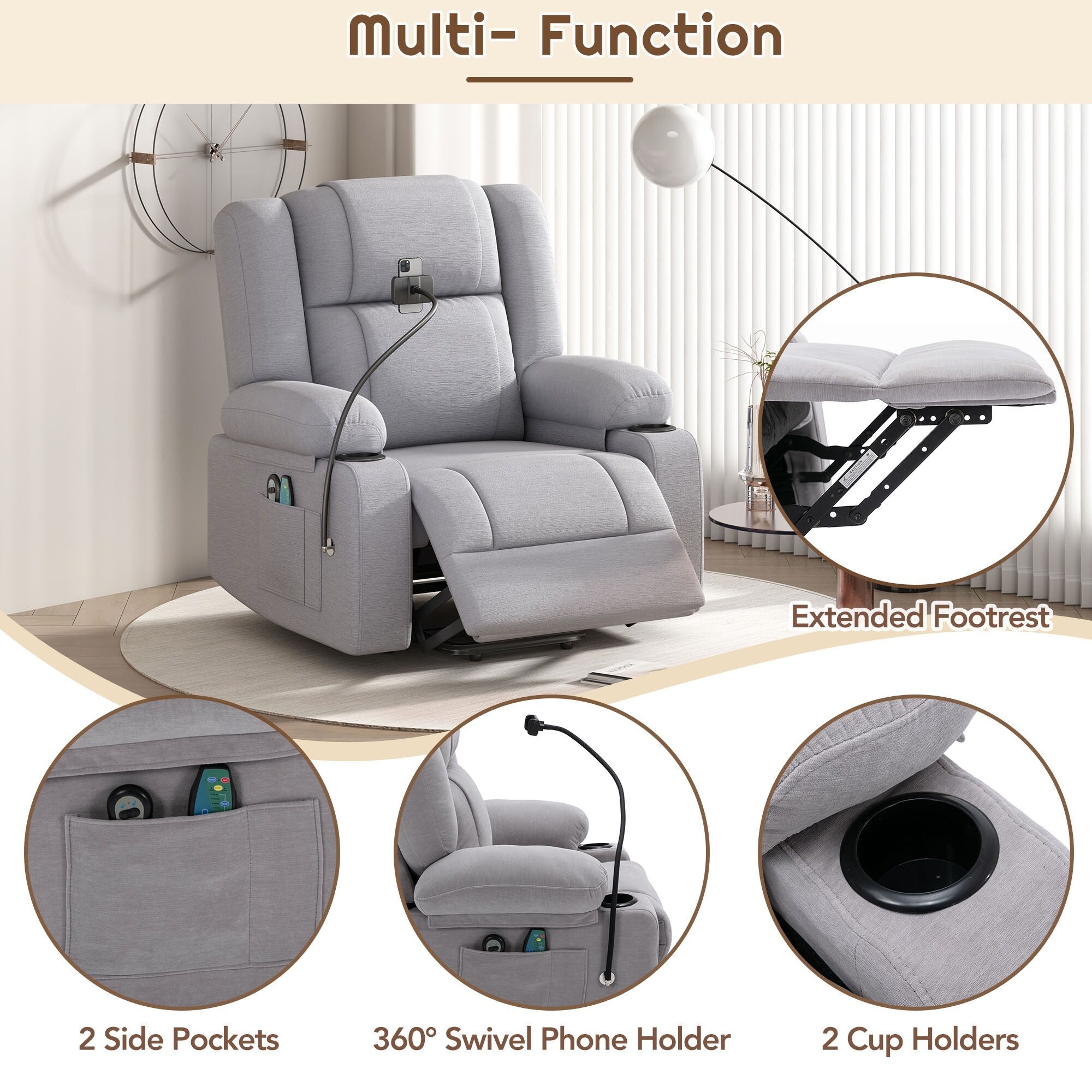Fauteuil inclinable électrique avec massage, chauffage, porte-gobelets et support de téléphone pivotant à 360° avec inclinaison réglable