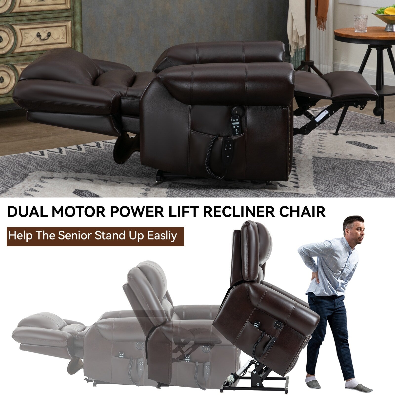 Fauteuil inclinable électrique avec deux moteurs, massage, chauffage, port USB et rangement