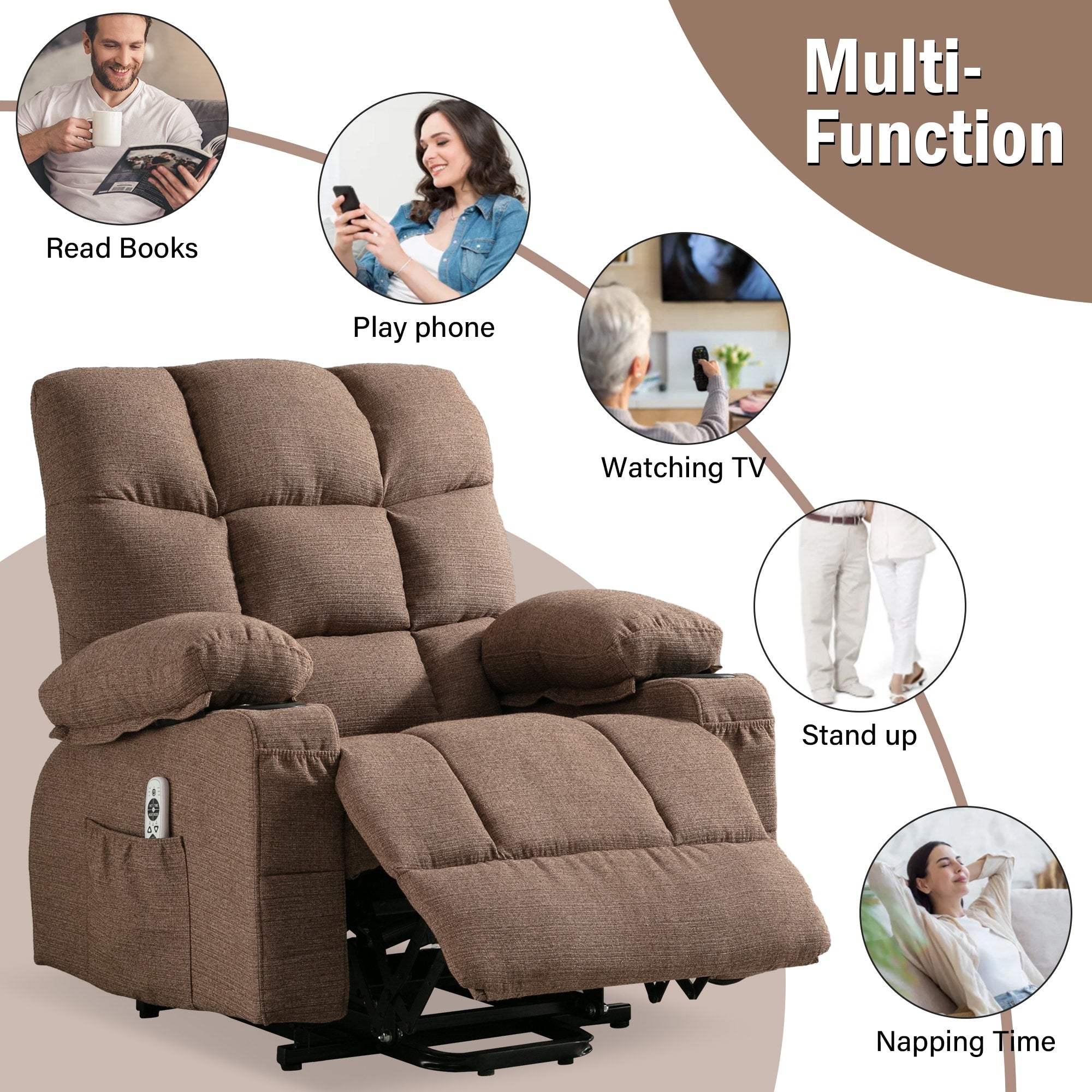 Fauteuil inclinable électrique avec chauffage, massothérapie, chargement USB et poches de rangement pratiques