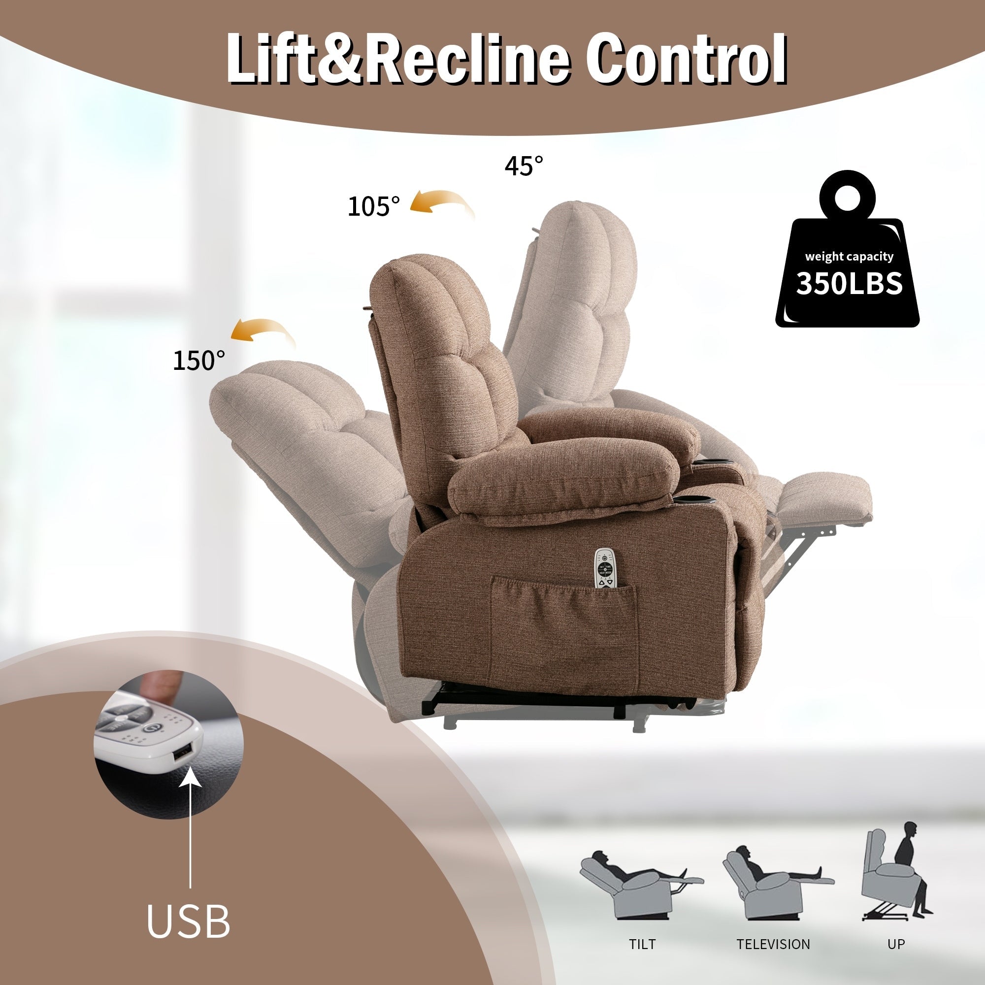 Fauteuil inclinable électrique avec chauffage, massothérapie, chargement USB et poches de rangement pratiques