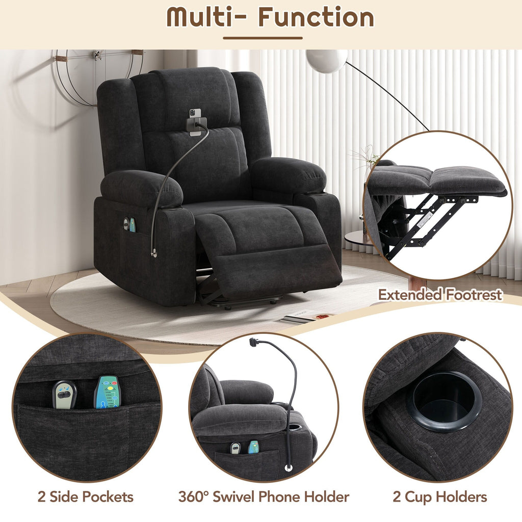 Fauteuil inclinable électrique avec massage, chauffage, support de téléphone rotatif à 360°, poches latérales et porte-gobelets pour personnes âgées