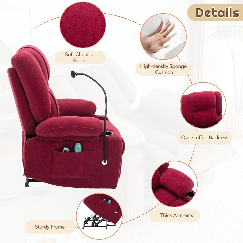 Fauteuil inclinable électrique avec massage, chauffage, support de téléphone rotatif à 360°, poches latérales et porte-gobelets pour personnes âgées