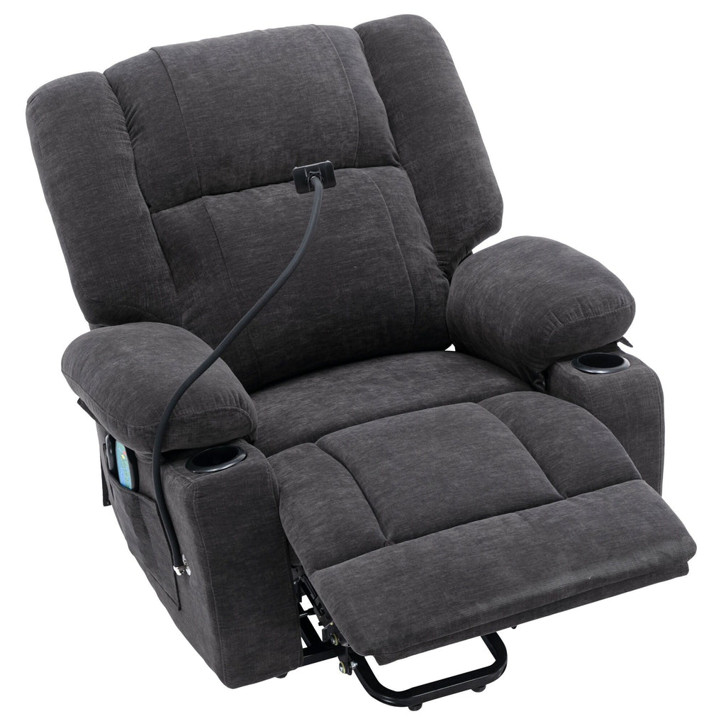 Fauteuil inclinable électrique avec massage, chauffage, support de téléphone rotatif à 360°, poches latérales et porte-gobelets pour personnes âgées