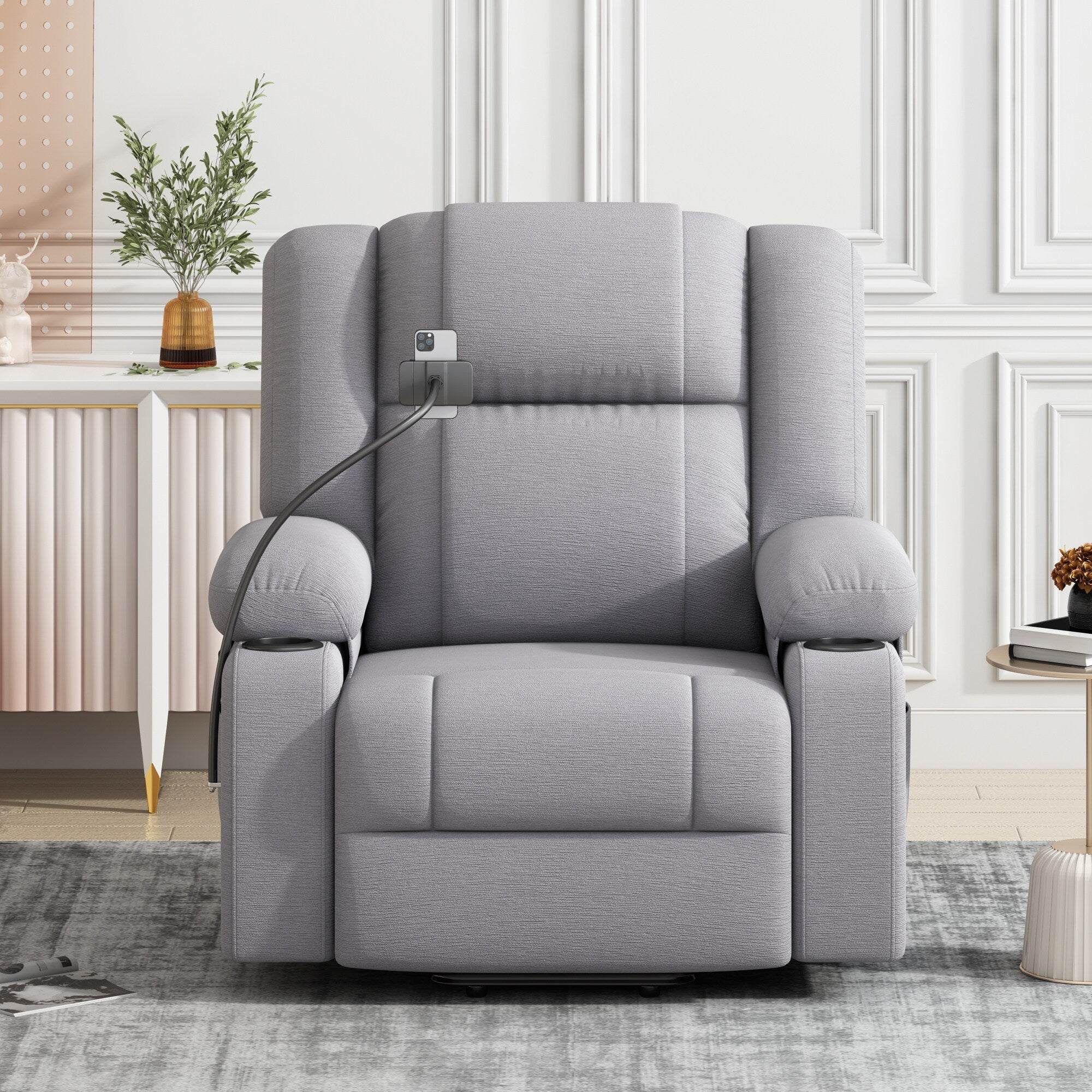 Fauteuil inclinable électrique avec massage, chauffage, support de téléphone rotatif à 360°, poches latérales et porte-gobelets pour personnes âgées