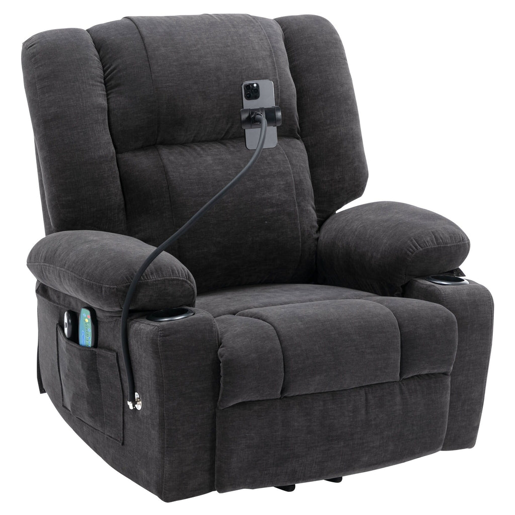 Fauteuil inclinable électrique avec massage, chauffage, porte-gobelets et support de téléphone pivotant à 360°, inclinaison réglable