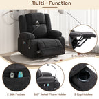 Fauteuil inclinable électrique avec massage, chauffage, porte-gobelets et support de téléphone pivotant à 360°, inclinaison réglable