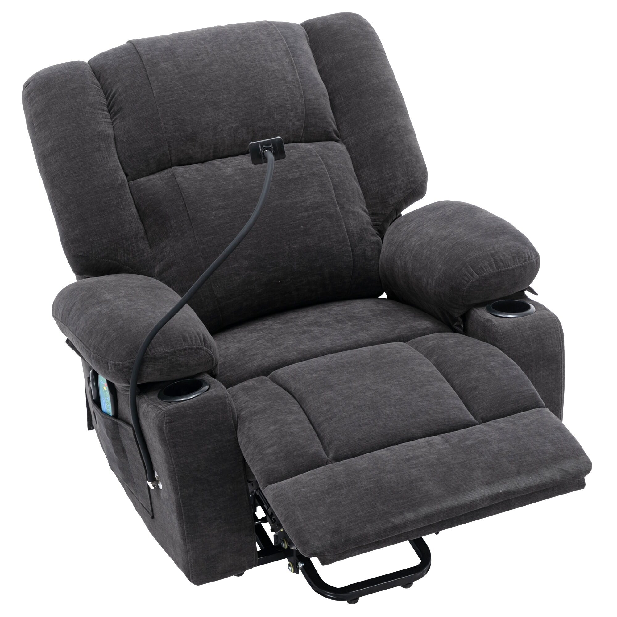 Fauteuil inclinable électrique avec massage, chauffage, porte-gobelets et support de téléphone pivotant à 360°, inclinaison réglable
