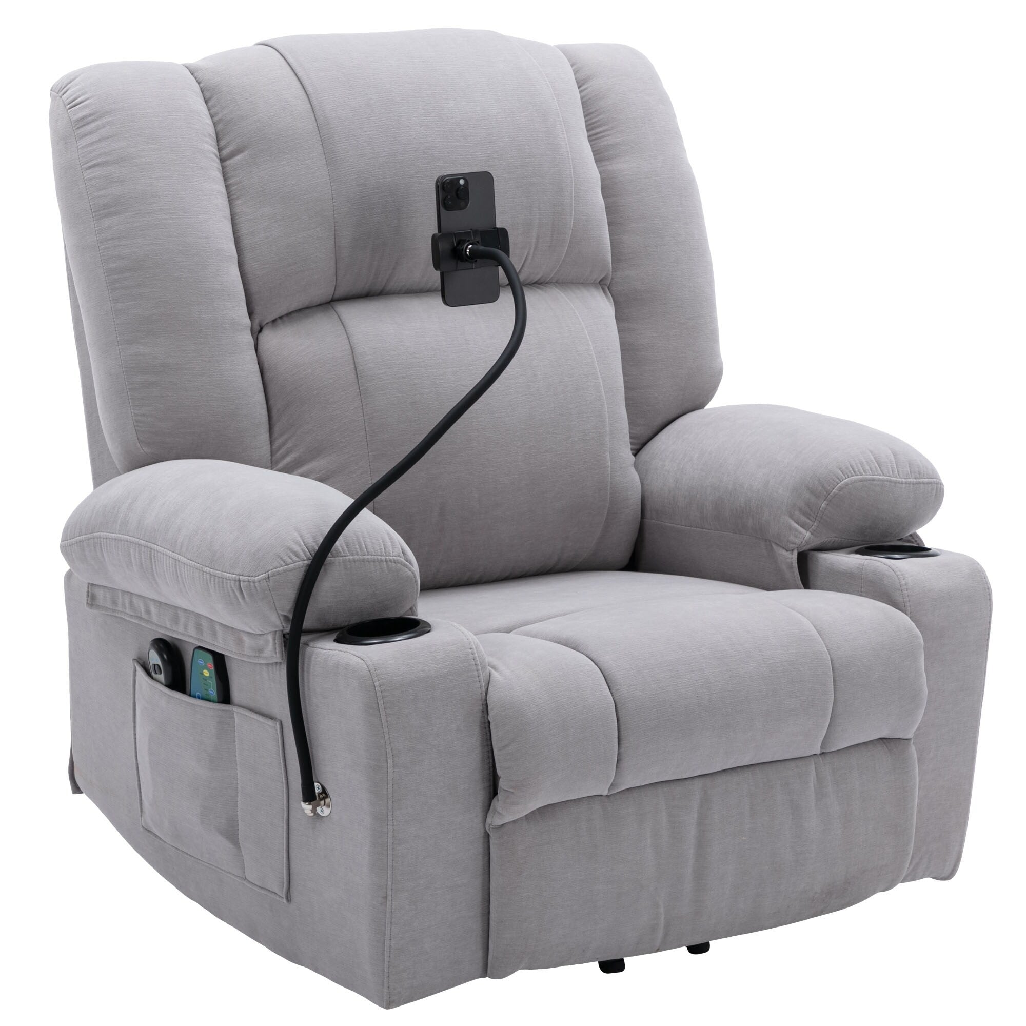 Fauteuil inclinable électrique avec massage, chauffage, porte-gobelets et support de téléphone pivotant à 360°, inclinaison réglable