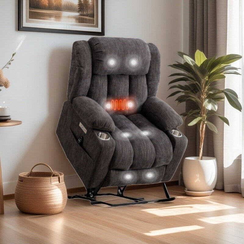Fauteuil inclinable électrique avec massage ciblé, chauffage lombaire, double chargement USB et porte-gobelets en acier inoxydable