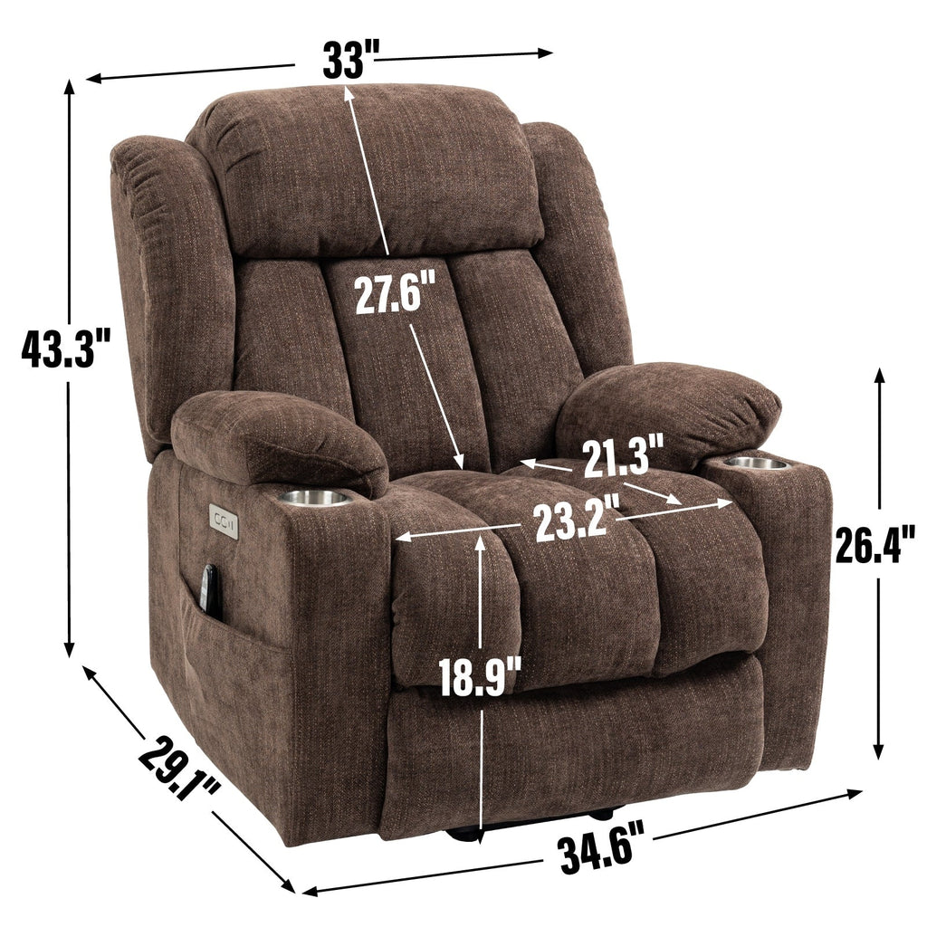 Fauteuil inclinable électrique avec massage ciblé, chauffage lombaire, double chargement USB et porte-gobelets en acier inoxydable