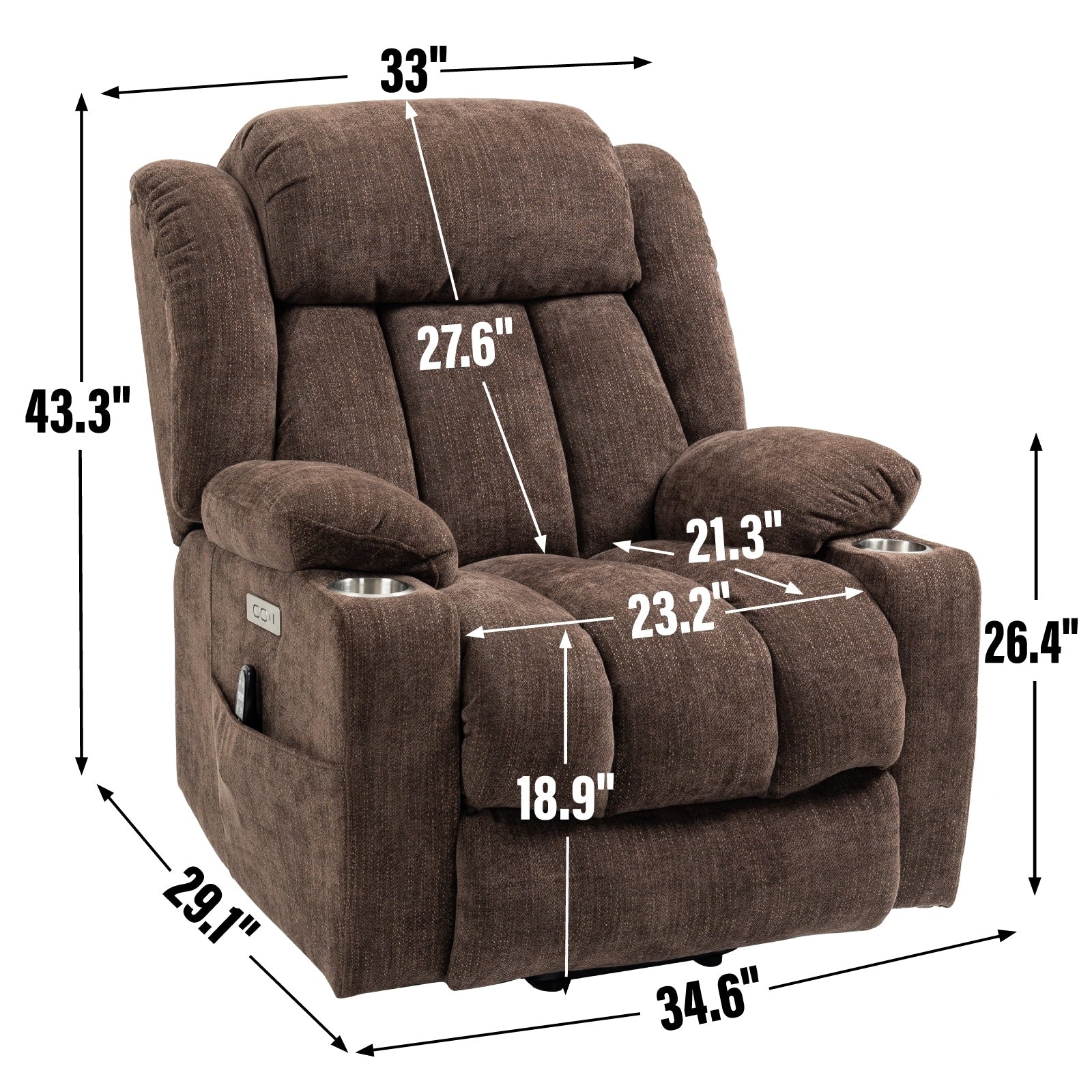 Fauteuil inclinable électrique avec massage ciblé, chauffage lombaire, double chargement USB et porte-gobelets en acier inoxydable