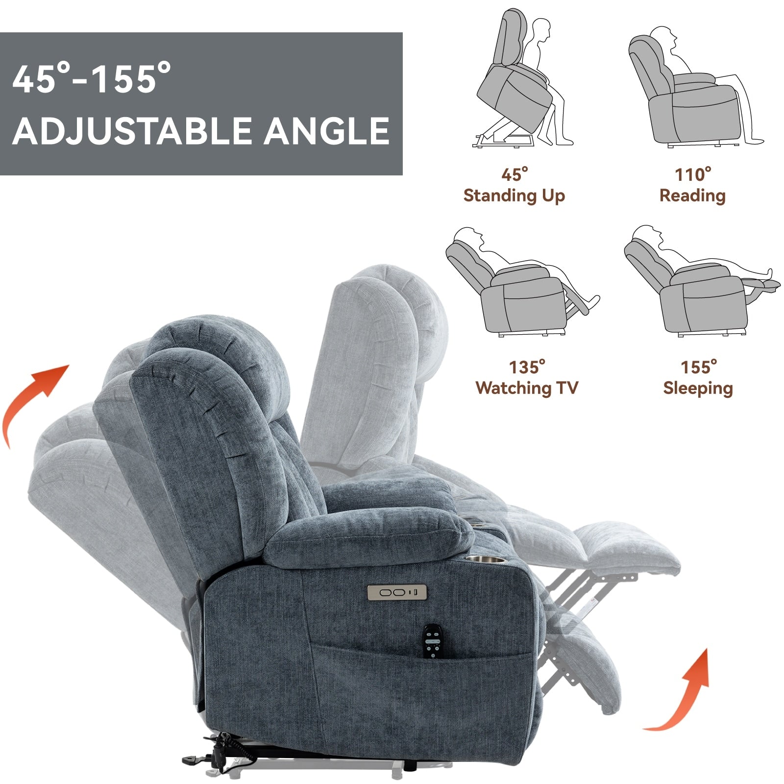 Fauteuil inclinable électrique avec massage ciblé, chauffage lombaire, double chargement USB et porte-gobelets en acier inoxydable