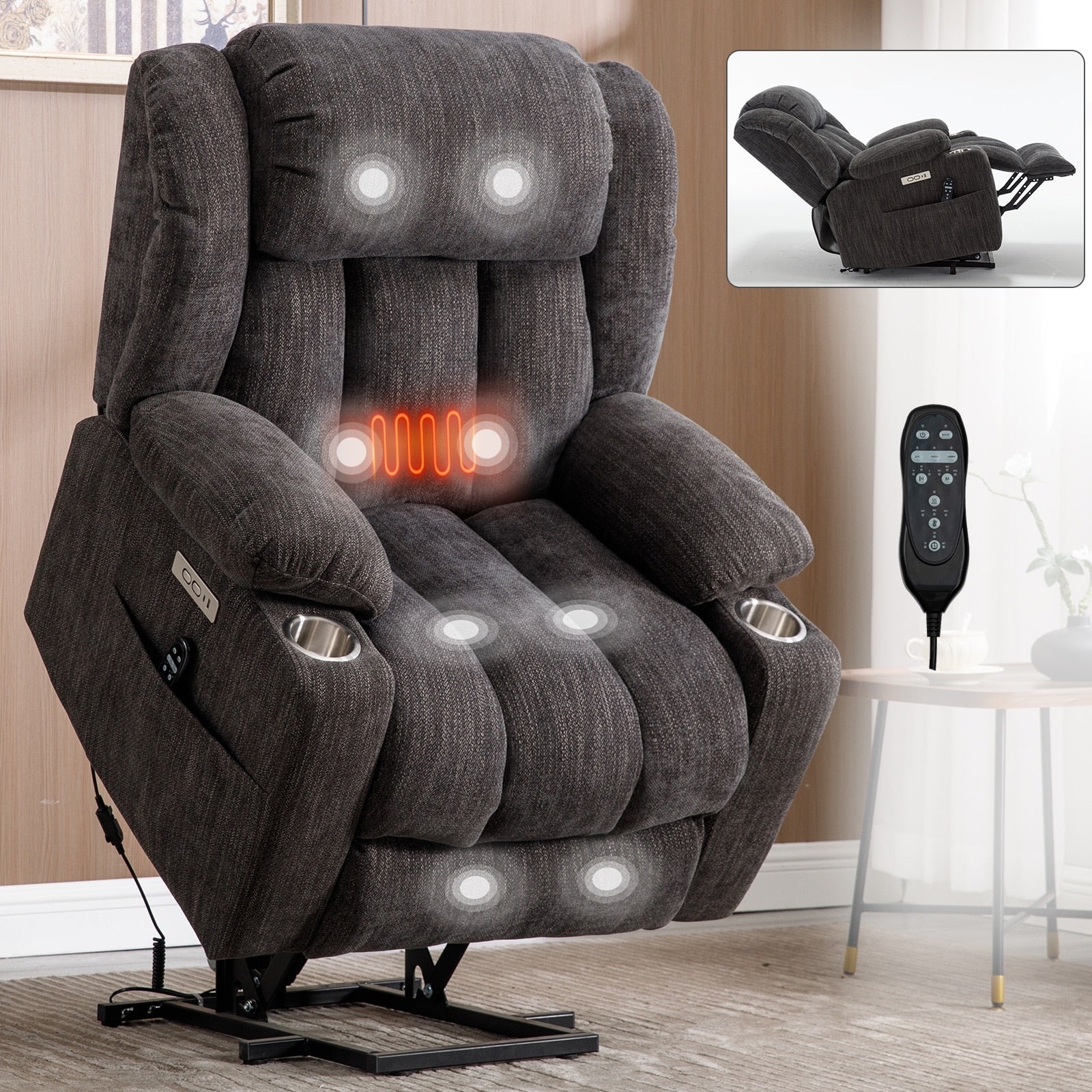 Fauteuil inclinable électrique avec massage ciblé, chauffage lombaire, double chargement USB et porte-gobelets en acier inoxydable