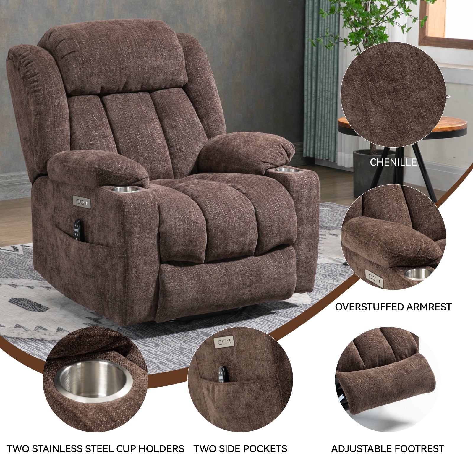 Fauteuil inclinable électrique avec massage ciblé, chauffage lombaire, double chargement USB et porte-gobelets en acier inoxydable