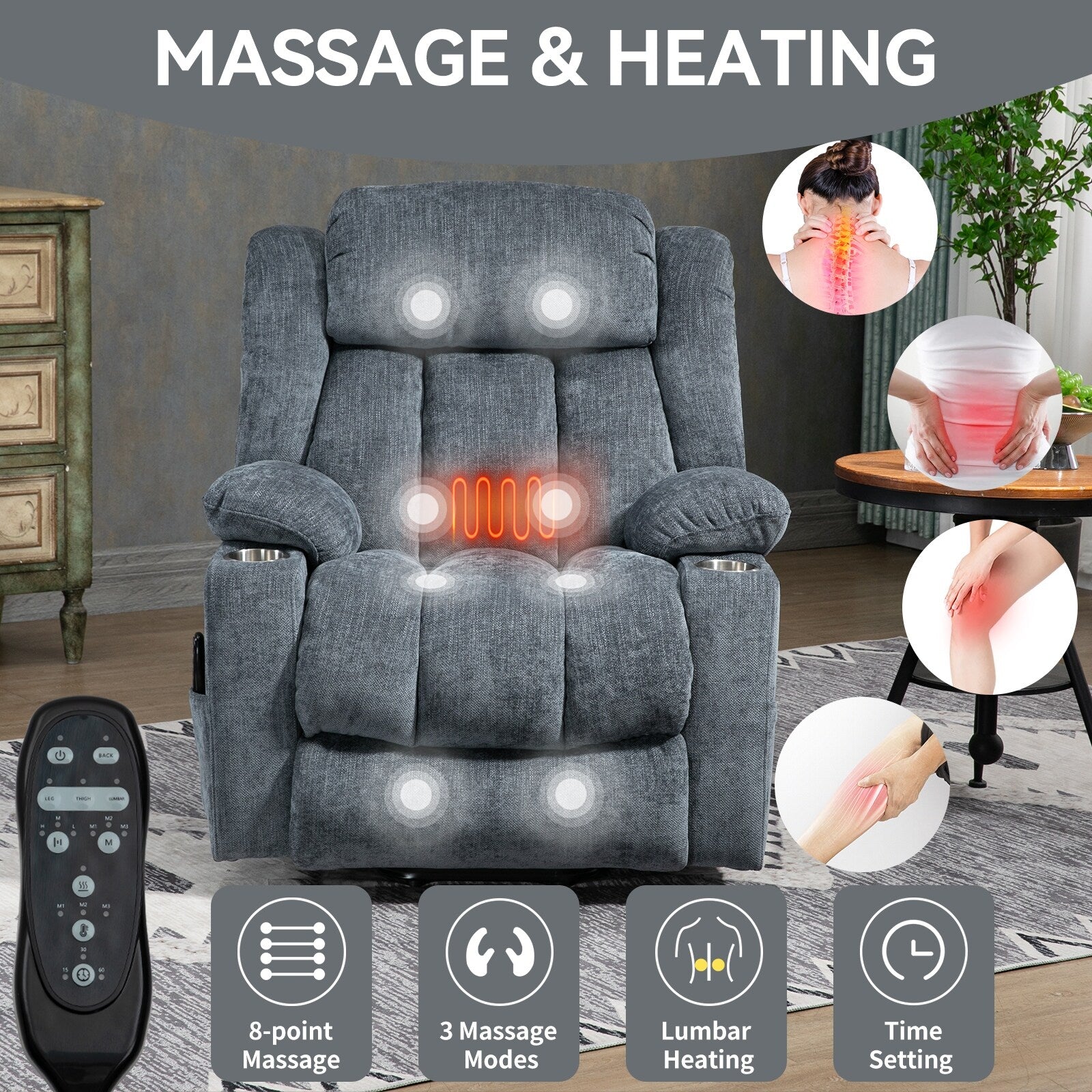 Fauteuil inclinable électrique avec massage ciblé, chauffage lombaire, double chargement USB et porte-gobelets en acier inoxydable