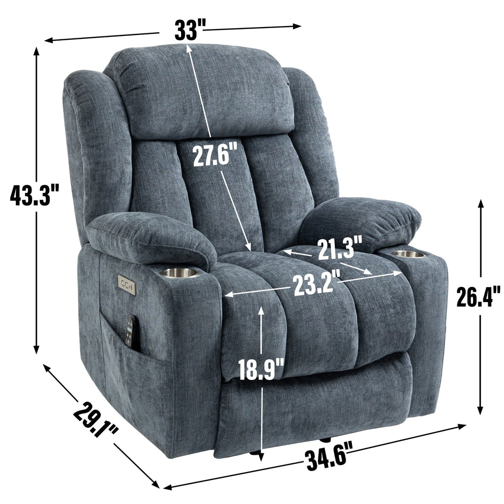 Fauteuil inclinable électrique avec massage ciblé, chauffage lombaire, double chargement USB et porte-gobelets en acier inoxydable