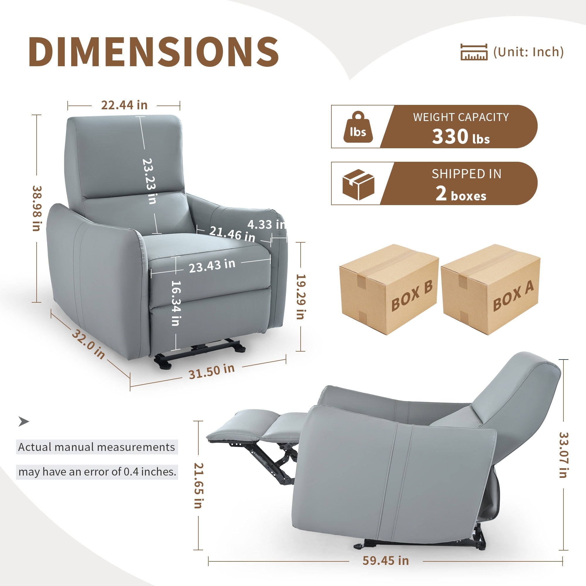 Fauteuil inclinable électrique en cuir synthétique avec ports USB et Type-C, capacité de charge de 150 kg, confortable pour les petits espaces