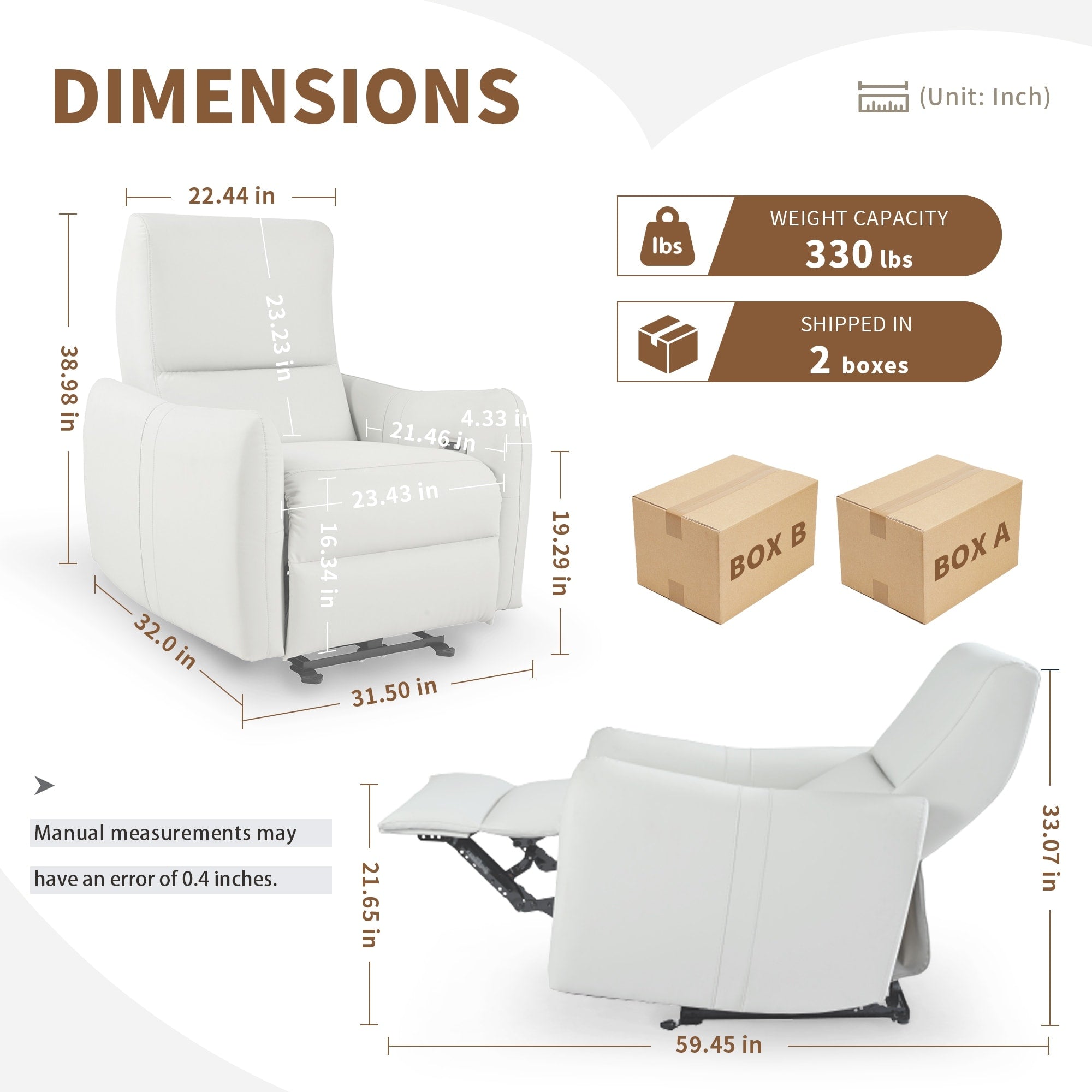 Fauteuil inclinable électrique en cuir synthétique avec ports USB et Type-C, capacité de charge de 150 kg, confortable pour les petits espaces