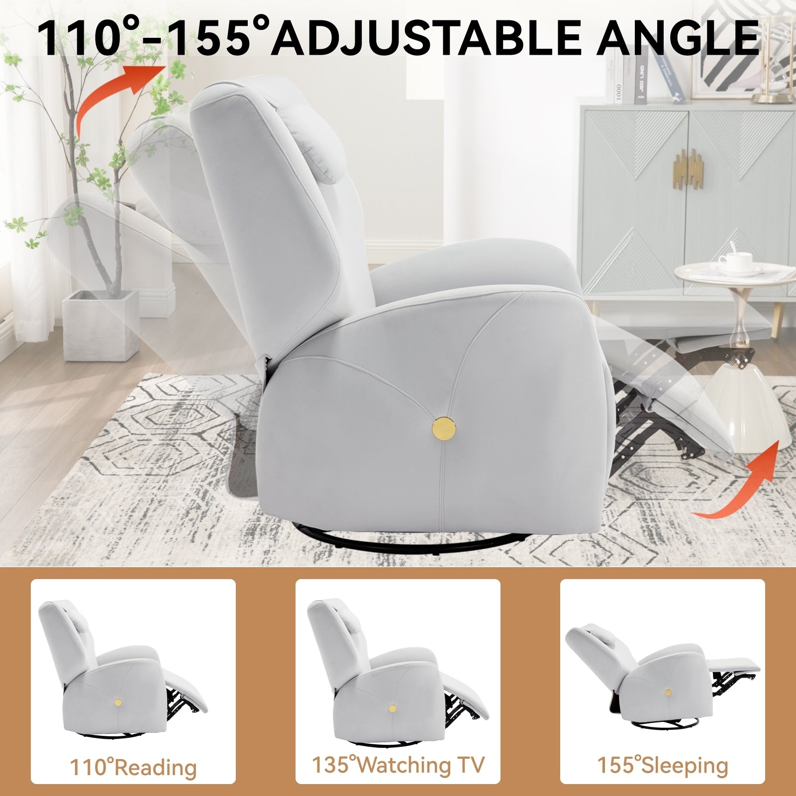 Fauteuil inclinable électrique pivotant à 270°, mouvement de bascule, support lombaire et cervical ergonomique, deux ports USB/Type-C