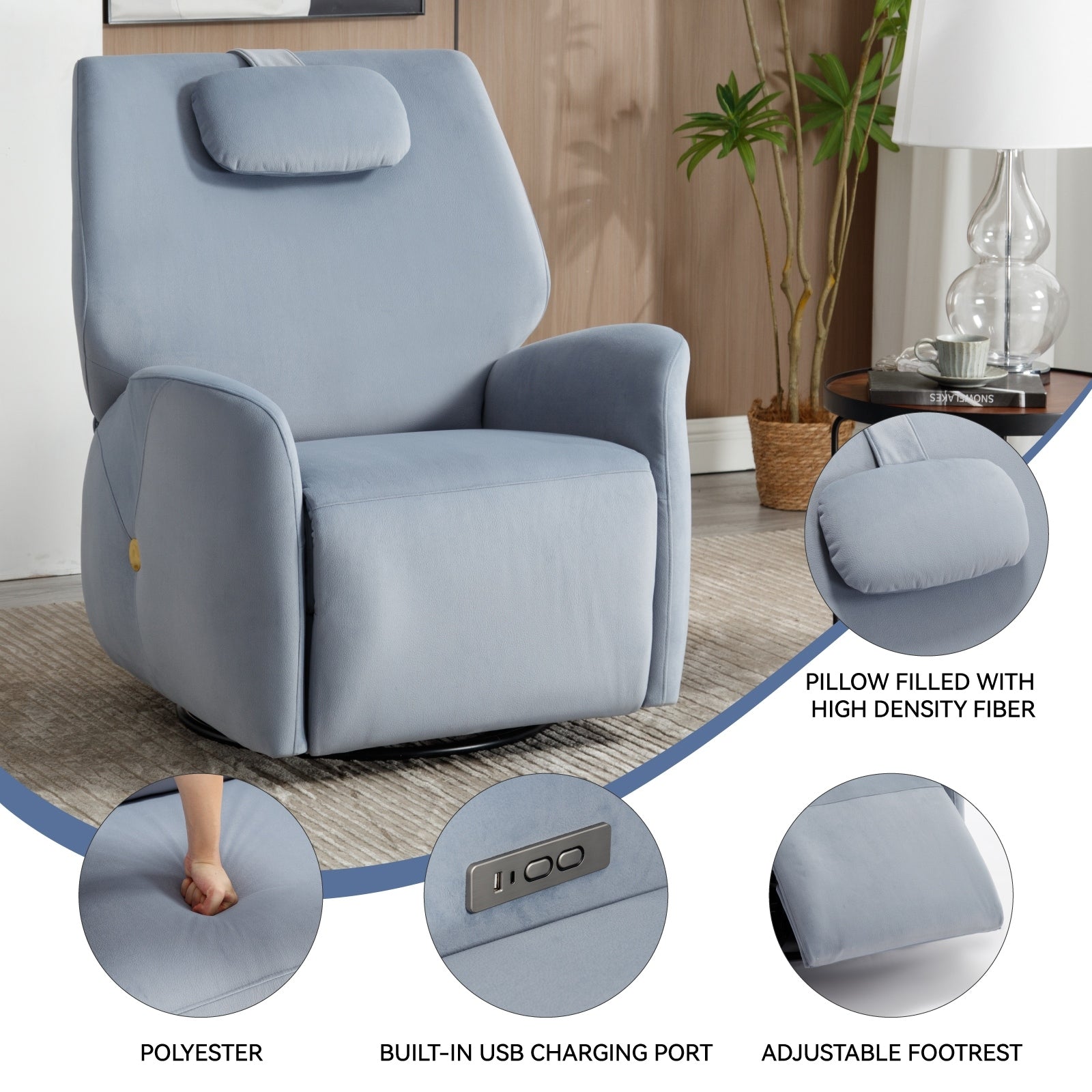 Fauteuil inclinable électrique pivotant à 270°, mouvement de bascule, support lombaire et cervical ergonomique, deux ports USB/Type-C