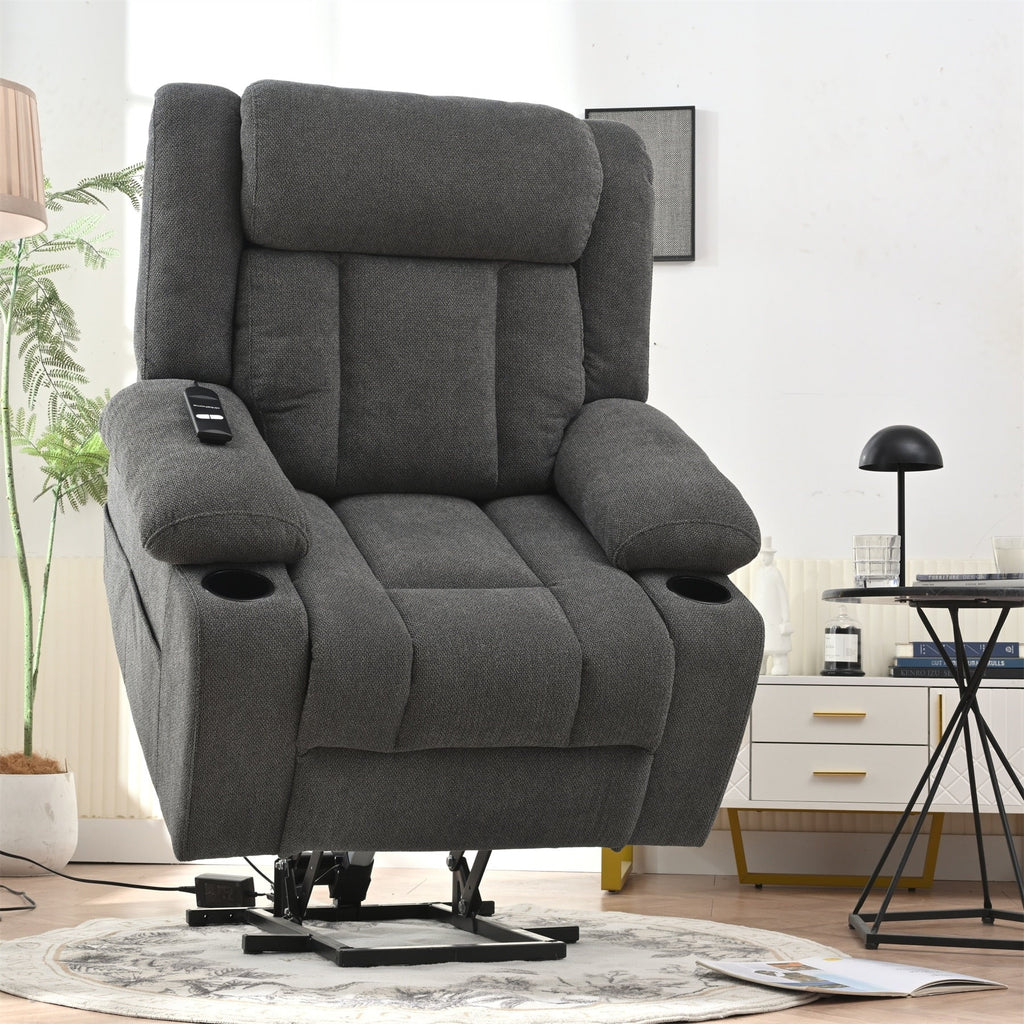 Fauteuil inclinable électrique pour personnes âgées, avec repose-pieds allongé, télécommande, poches latérales et 2 porte-gobelets.
