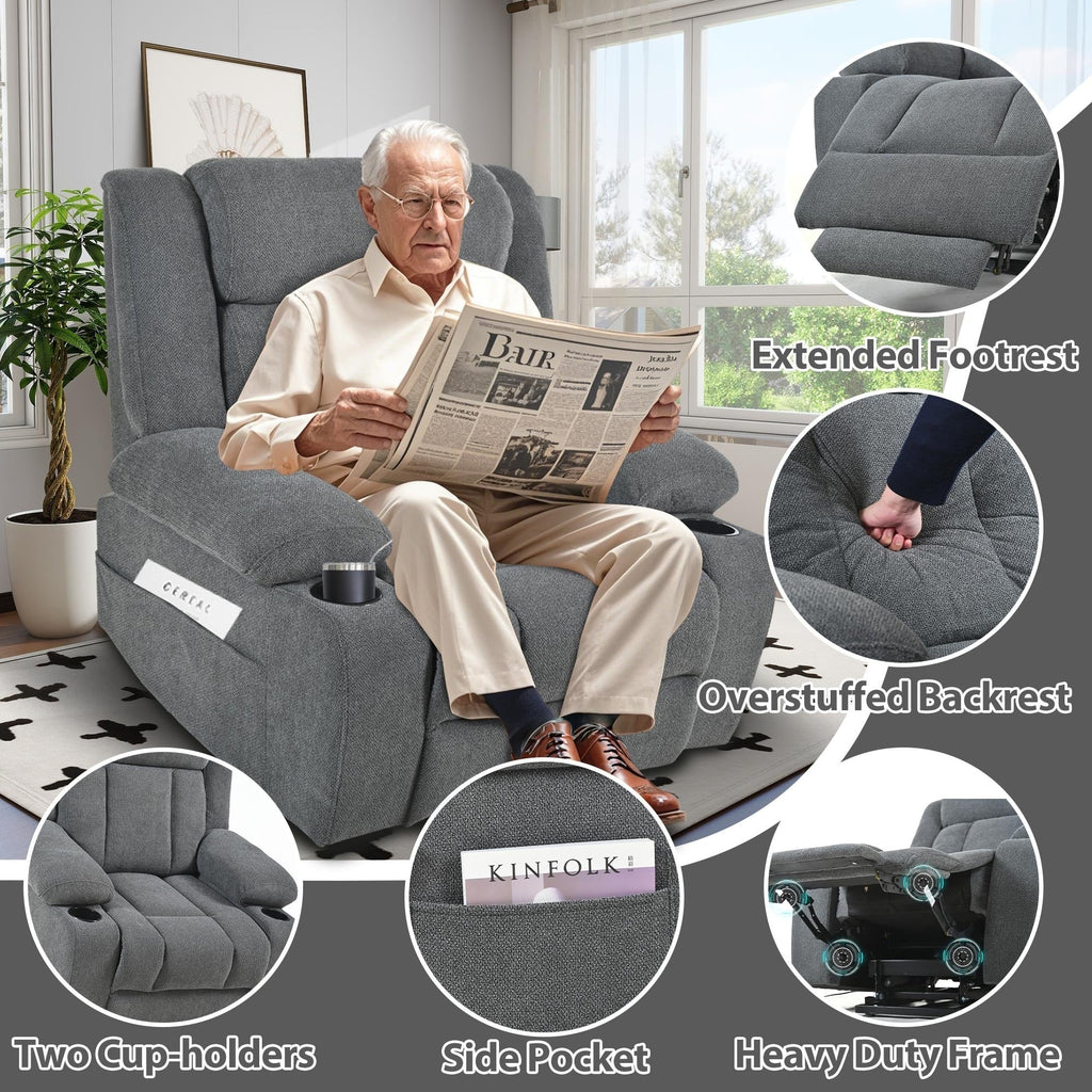Fauteuil inclinable électrique pour personnes âgées, avec repose-pieds allongé, télécommande, poches latérales et 2 porte-gobelets.