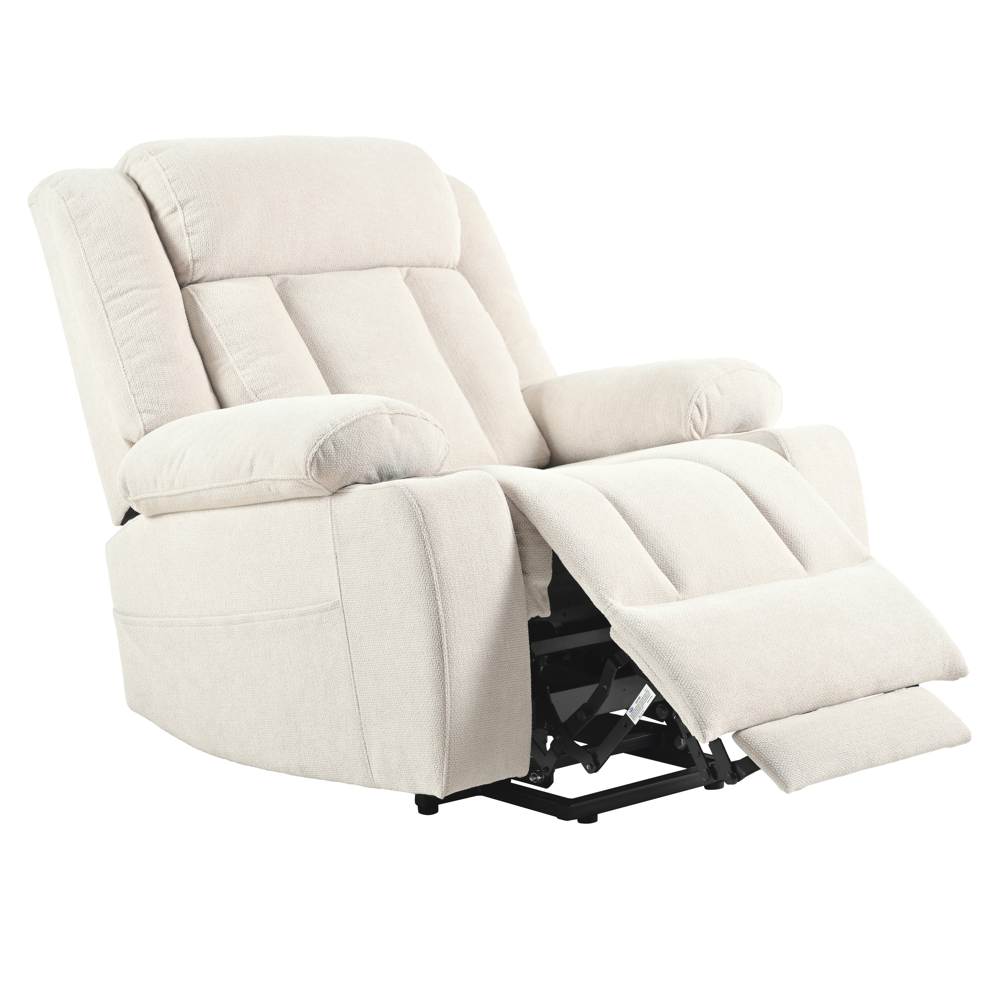 Fauteuil inclinable électrique pour personnes âgées, avec repose-pieds allongé, télécommande, poches latérales et 2 porte-gobelets.
