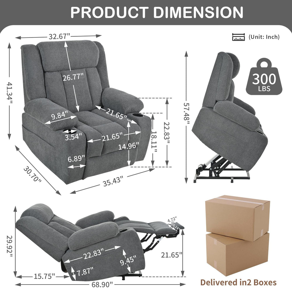 Fauteuil inclinable électrique pour personnes âgées, avec repose-pieds allongé, télécommande, poches latérales et 2 porte-gobelets.