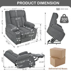 Fauteuil inclinable électrique pour personnes âgées, avec repose-pieds allongé, télécommande, poches latérales et 2 porte-gobelets.
