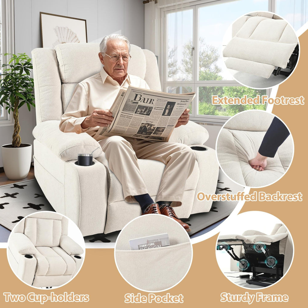 Fauteuil inclinable électrique pour personnes âgées, avec repose-pieds allongé, télécommande, poches latérales et 2 porte-gobelets.