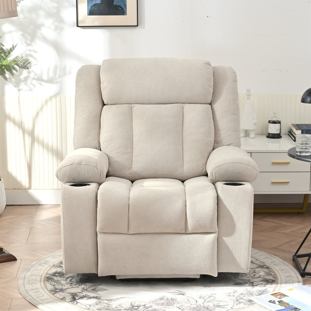 Fauteuil inclinable électrique pour personnes âgées, avec repose-pieds allongé, télécommande, poches latérales et 2 porte-gobelets.