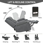 Fauteuil inclinable électrique pour personnes âgées, avec repose-pieds allongé, télécommande, poches latérales et 2 porte-gobelets.