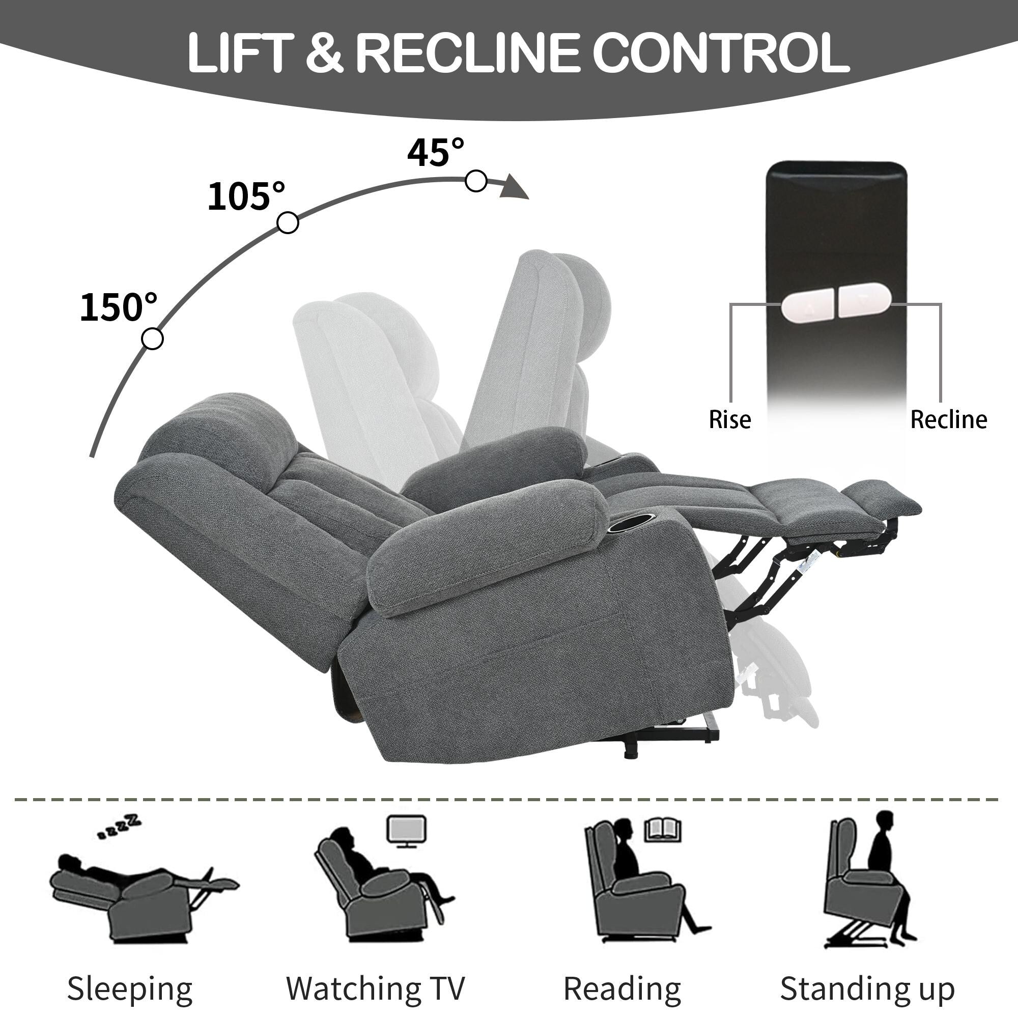 Fauteuil inclinable électrique pour personnes âgées, avec repose-pieds allongé, télécommande, poches latérales et 2 porte-gobelets.
