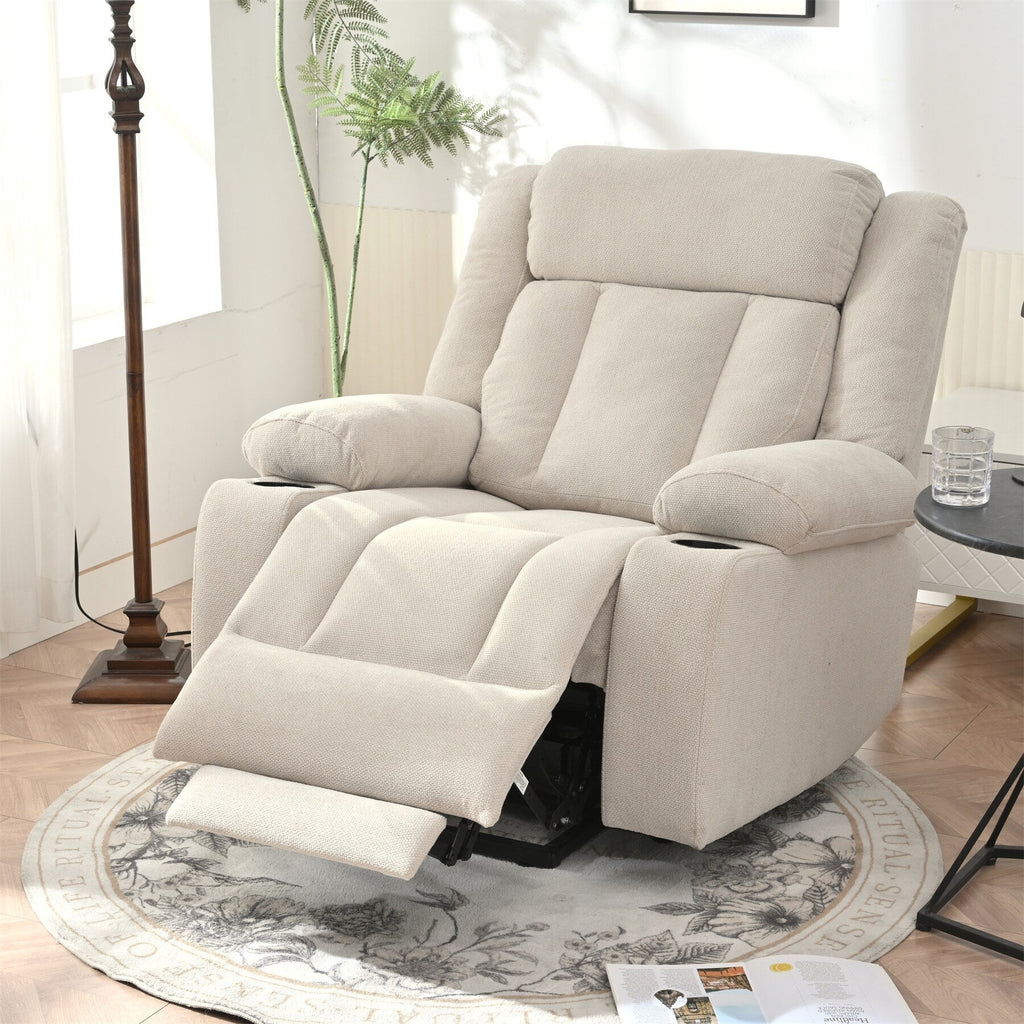 Fauteuil inclinable électrique pour personnes âgées, avec repose-pieds allongé, télécommande, poches latérales et 2 porte-gobelets.