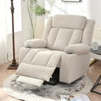 Fauteuil inclinable électrique pour personnes âgées, avec repose-pieds allongé, télécommande, poches latérales et 2 porte-gobelets.