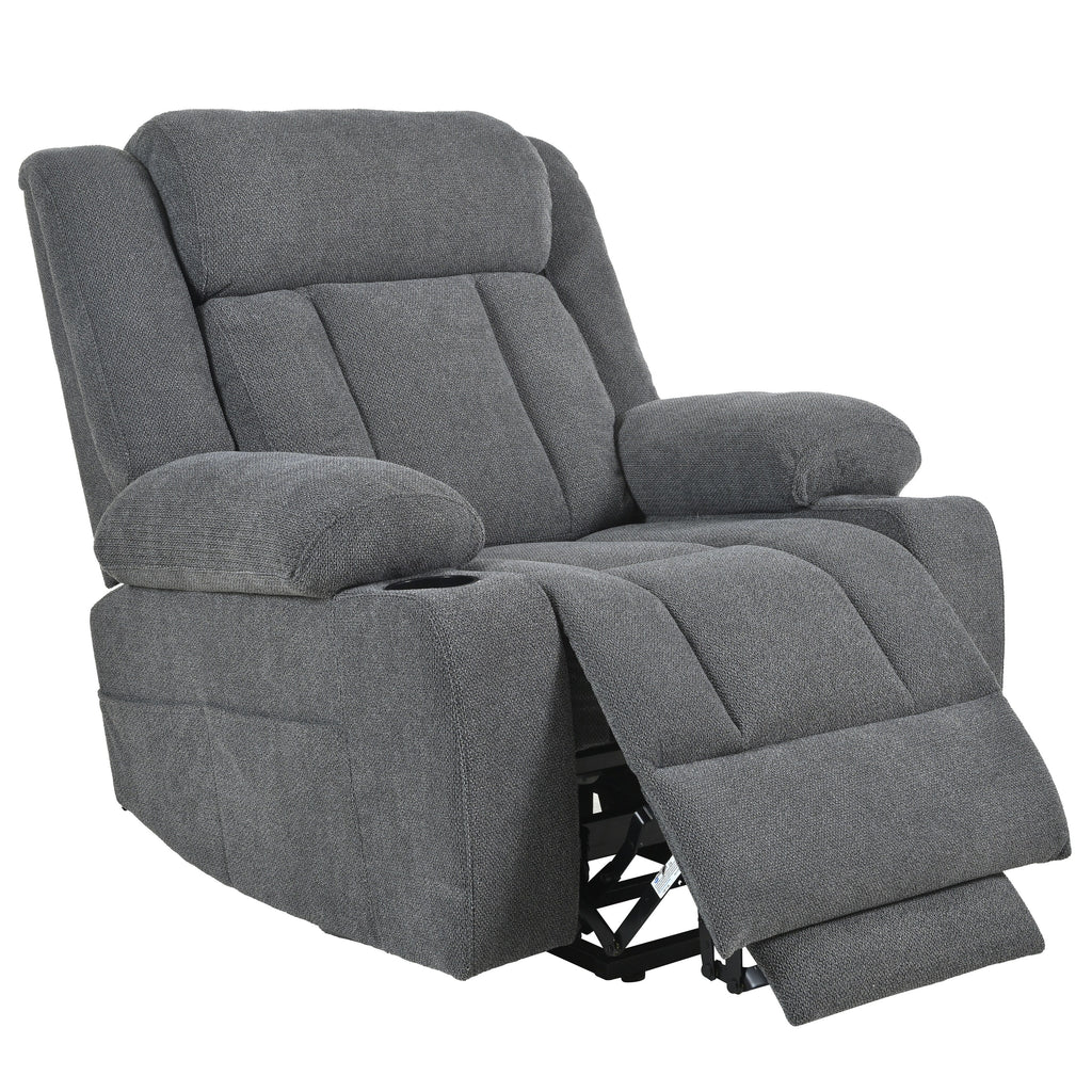 Fauteuil inclinable électrique pour personnes âgées, avec repose-pieds allongé, télécommande, poches latérales et 2 porte-gobelets.