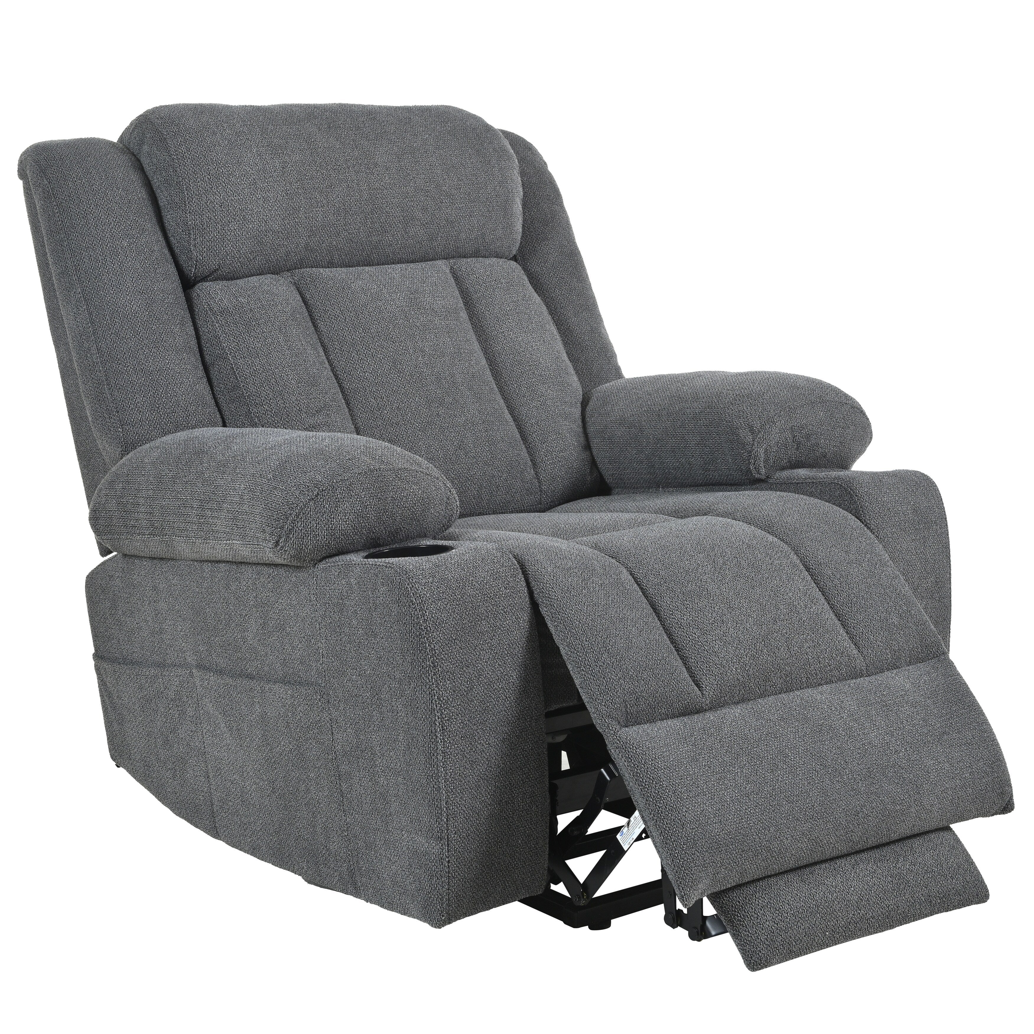 Fauteuil inclinable électrique pour personnes âgées, avec repose-pieds allongé, télécommande, poches latérales et 2 porte-gobelets.
