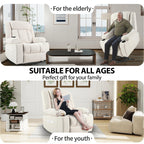 Fauteuil inclinable électrique pour personnes âgées, avec repose-pieds allongé, télécommande, poches latérales et 2 porte-gobelets.