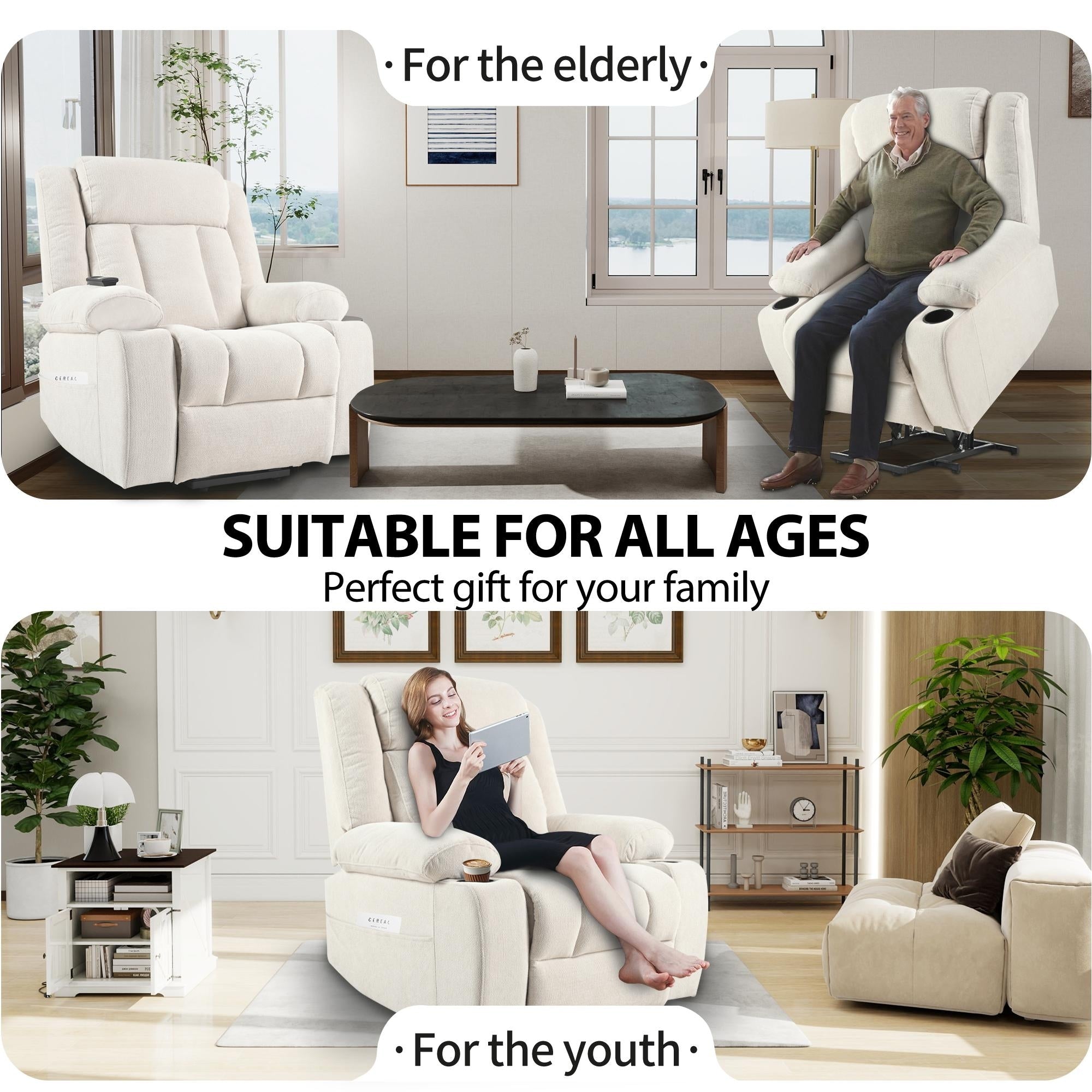 Fauteuil inclinable électrique pour personnes âgées, avec repose-pieds allongé, télécommande, poches latérales et 2 porte-gobelets.