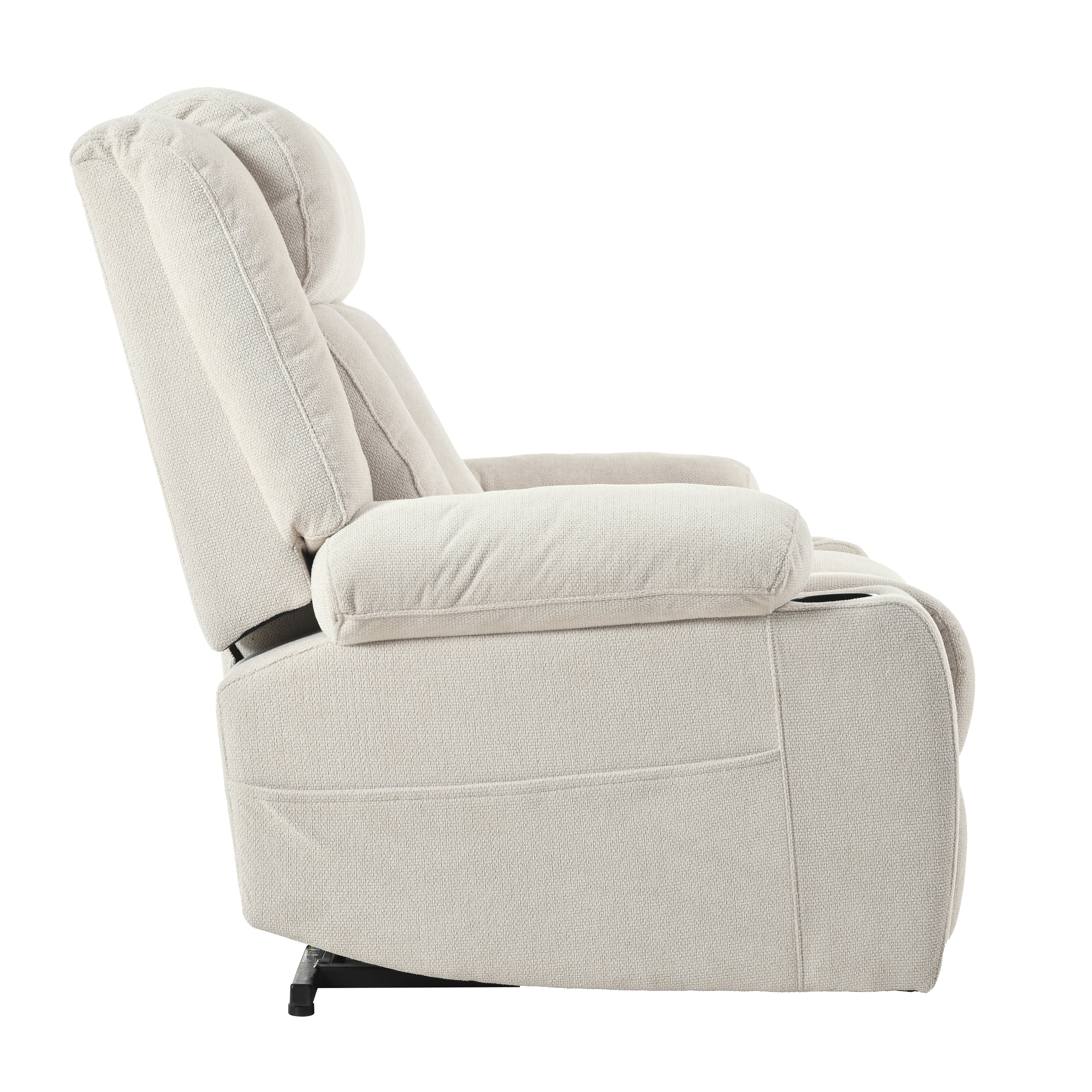 Fauteuil inclinable électrique pour personnes âgées, avec repose-pieds allongé, télécommande, poches latérales et 2 porte-gobelets.