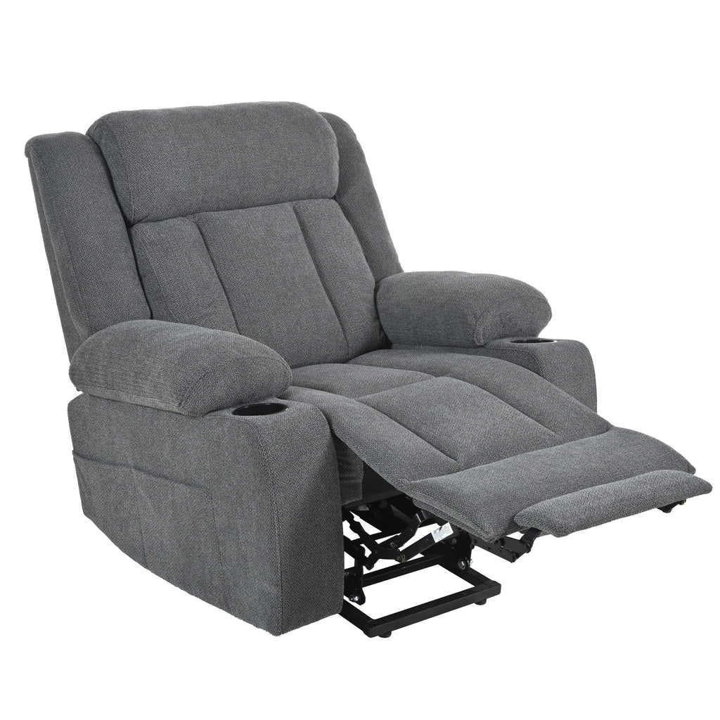 Fauteuil inclinable électrique pour personnes âgées, avec repose-pieds allongé, télécommande, poches latérales et 2 porte-gobelets.