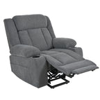 Fauteuil inclinable électrique pour personnes âgées, avec repose-pieds allongé, télécommande, poches latérales et 2 porte-gobelets.