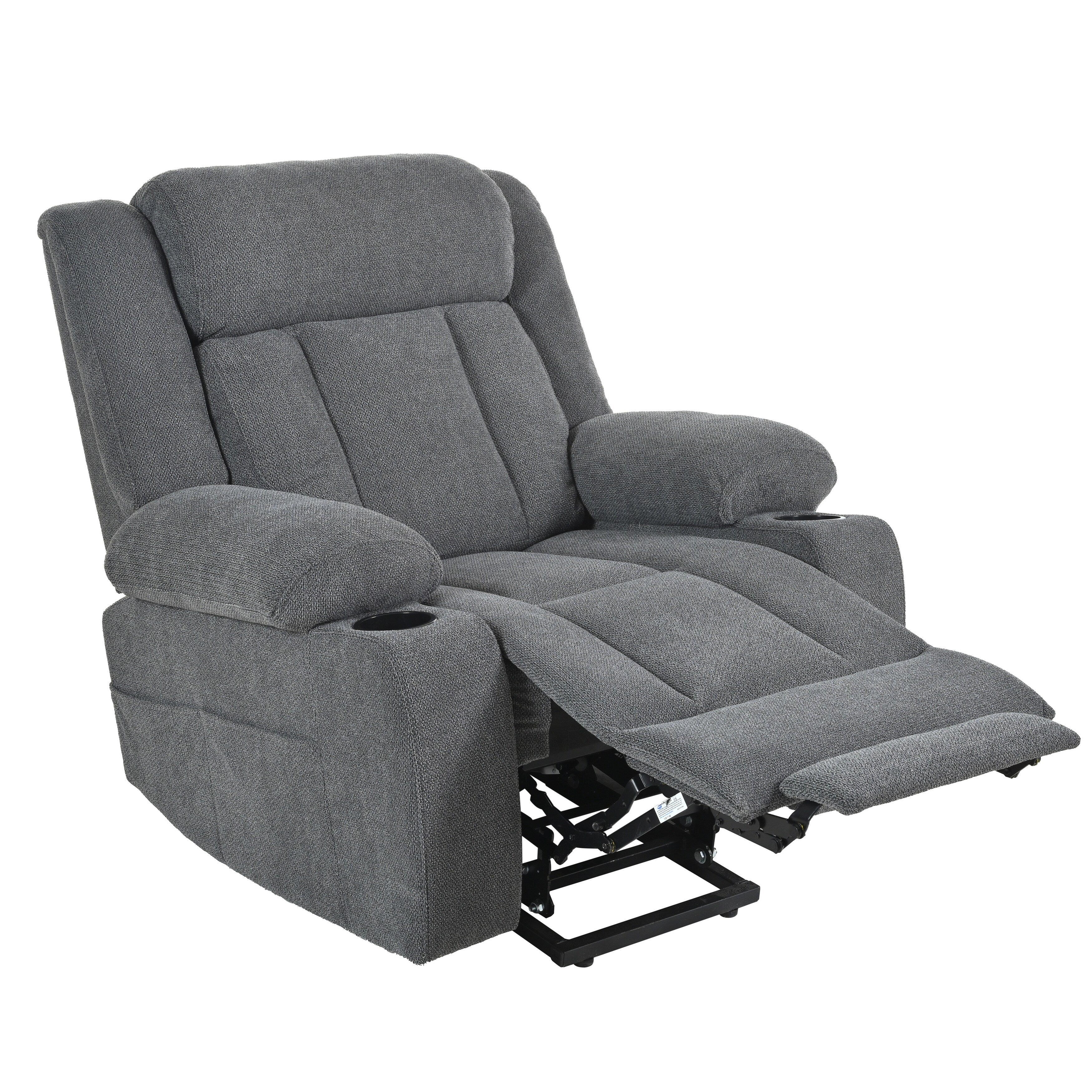 Fauteuil inclinable électrique pour personnes âgées, avec repose-pieds allongé, télécommande, poches latérales et 2 porte-gobelets.