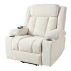 Fauteuil inclinable électrique pour personnes âgées, avec repose-pieds allongé, télécommande, poches latérales et 2 porte-gobelets.