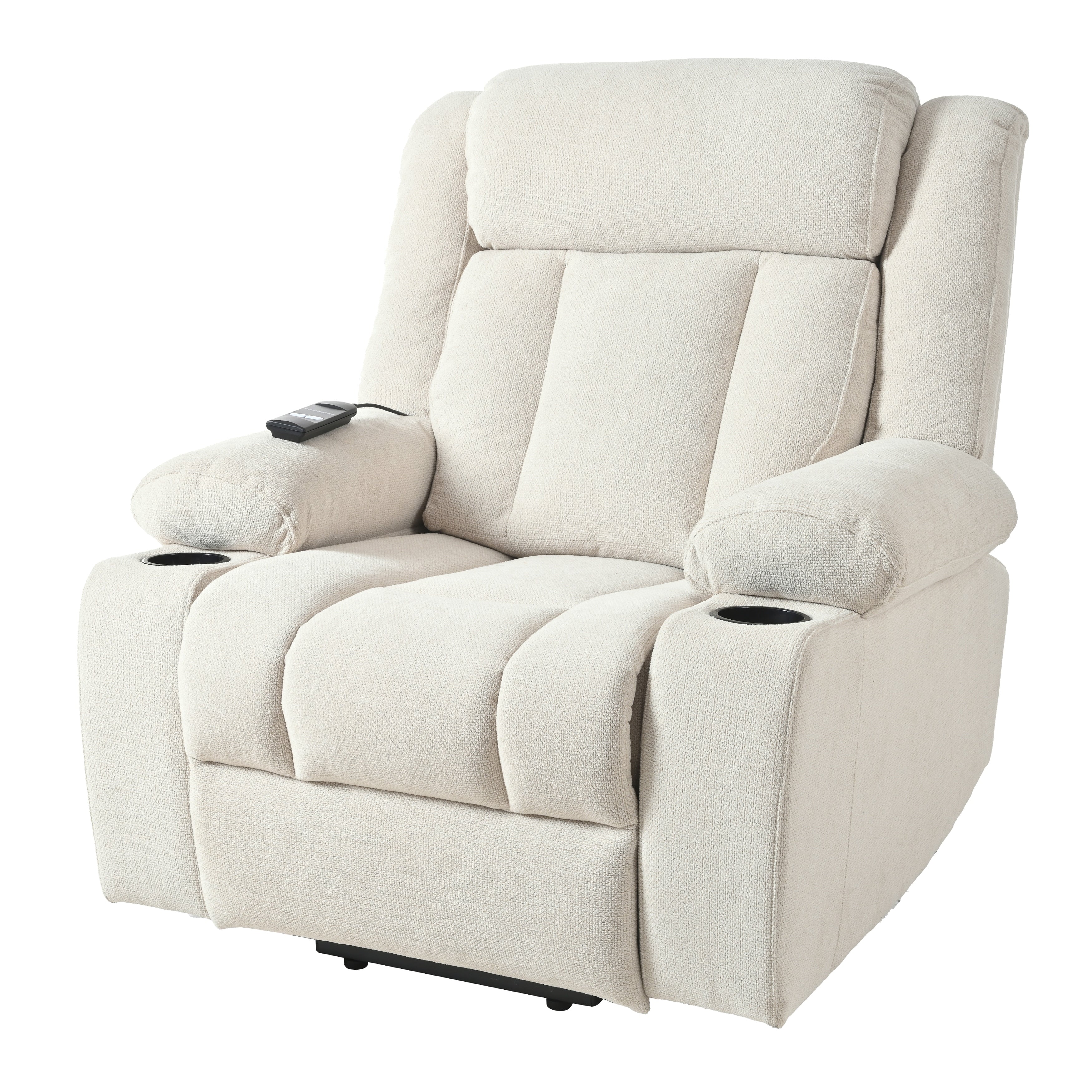 Fauteuil inclinable électrique pour personnes âgées, avec repose-pieds allongé, télécommande, poches latérales et 2 porte-gobelets.