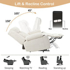 Fauteuil inclinable électrique pour personnes âgées, avec repose-pieds allongé, télécommande, poches latérales et 2 porte-gobelets.